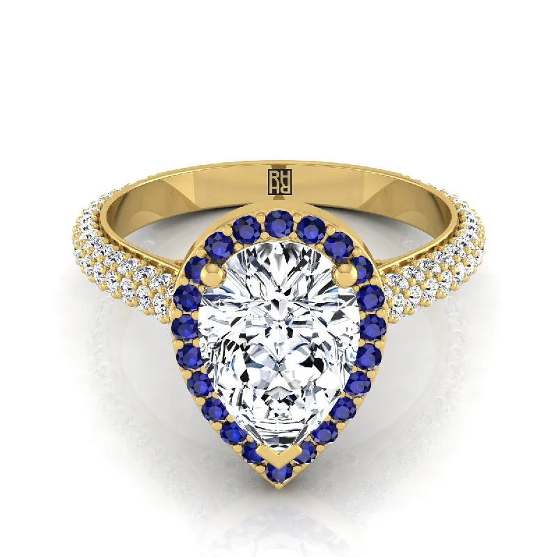 women’s rings with oval diamonds and sapphire pave bands-14K Yellow Gold Pear Shape Center  Micro-Pavé Halo With Pave Side Diamond Engagement Ring -7/8ctw