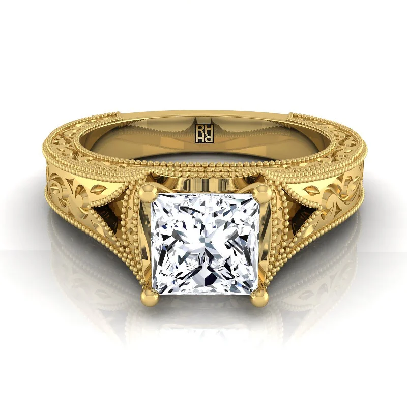 women’s rings with square sapphires and pave diamonds-14K Yellow Gold Princess Cut  Hand Engraved and Milgrain Vintage Solitaire Engagement Ring