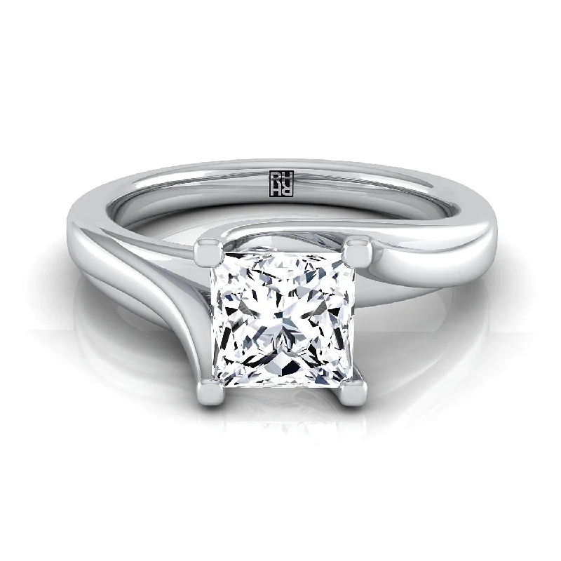 engagement rings with princess-cut diamonds and sapphire bands-14K White Gold Princess Cut  Twisted Bypass Solitaire Engagement Ring