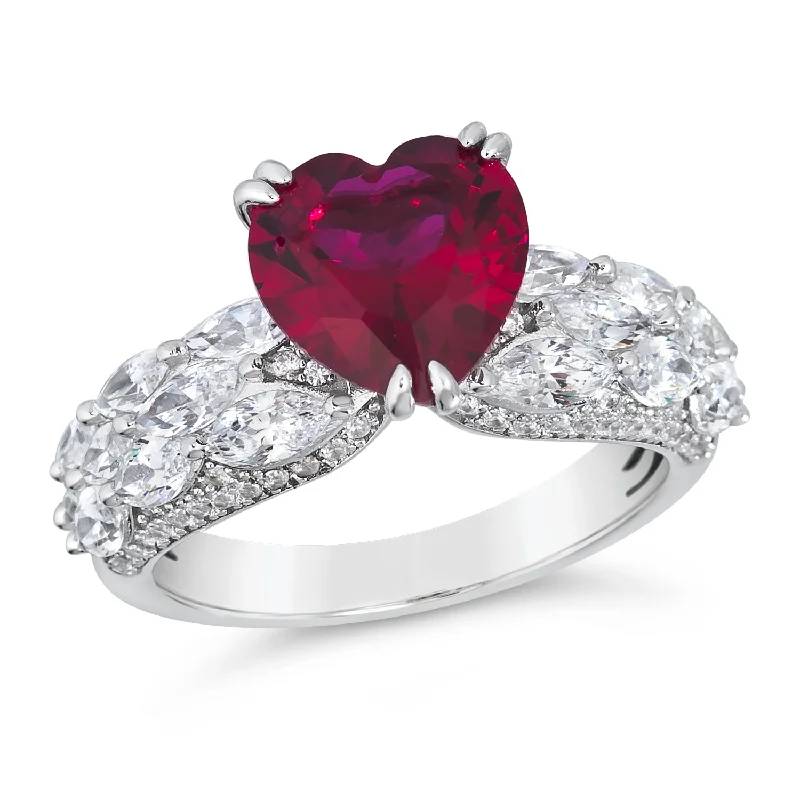 women’s engagement rings with emerald-cut diamonds and sapphires-Ruby Heart Ring