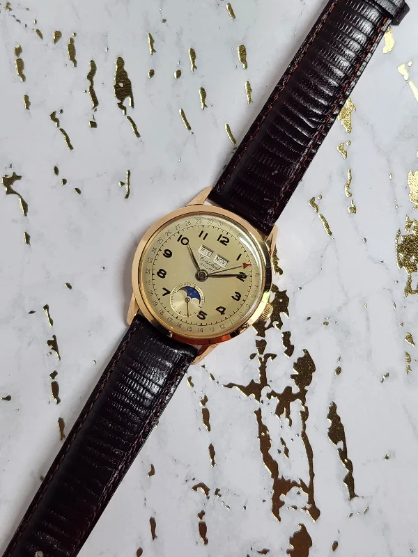 men’s watches with premium stainless steel and quartz movement-1940's Vintage Cortebert Sport Triple Date Italian Day Moonphase 18k Gold Watch