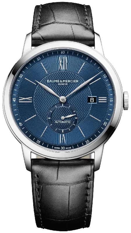 fitness trackers with multi-sport modes and water resistance-Baume & Mercier Classima Automatic Blue Dial Black Leather Strap Date Mens Watch MOA10480