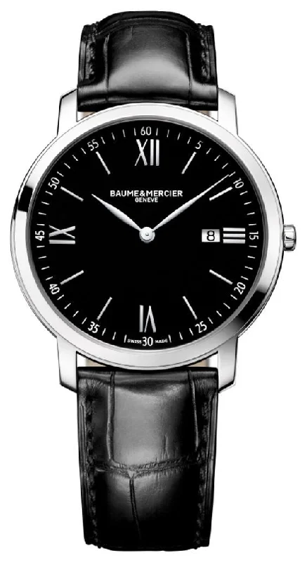 men’s digital watches with calendar and timer functions-Baume & Mercier Classima Stainless Steel Black Dial Black Leather Strap Date Quartz Mens Watch MOA10098