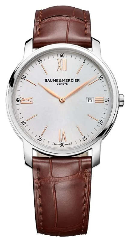 hybrid fitness watches with long battery life and advanced tracking-Baume & Mercier Classima Stainless Steel Silver Dial Brown Leather Strap Date Quartz Mens Watch MOA10144