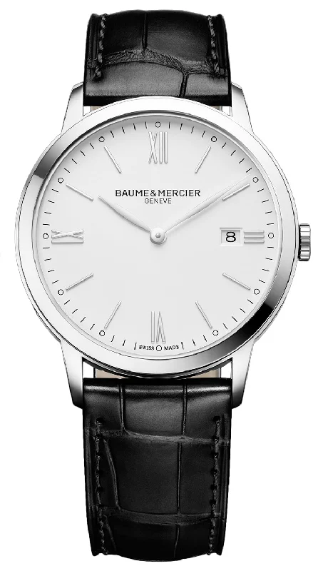 smartwatches for men with fitness tracking, notifications, and GPS-Baume & Mercier Classima Stainless Steel White Dial Black Leather Strap Date Quartz Mens Watch M0A10323