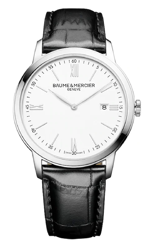 vintage-inspired watches with mechanical movement and classic design-Baume & Mercier Classima White Dial Black Leather Strap Date Quartz Mens Watch M0A10414