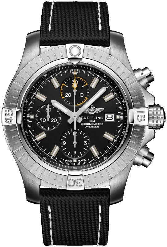 solar-powered watches with eco-friendly materials and advanced features-Breitling Avenger Automatic Chronograph Stainless Steel Black Dial Leather Strap Date Mens Watch A13317101B1X1