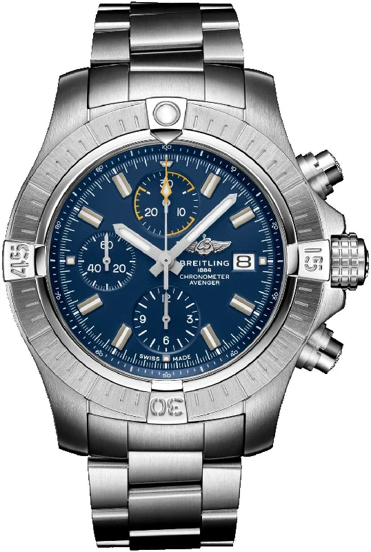 eco-friendly smartwatches with solar charging capabilities-Breitling Avenger Automatic Chronograph Stainless Steel Blue Dial Date Divers Mens Watch A13317101C1A1