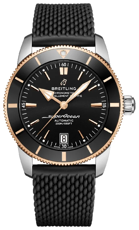 women’s watches with quartz movement and stainless steel bracelets-Breitling Superocean Heritage Automatic Chronometer Stainless Steel & 18k Rose Gold Black Dial Black Rubber Strap Date Divers Mens Watch Special Edition UB2010121B1S1