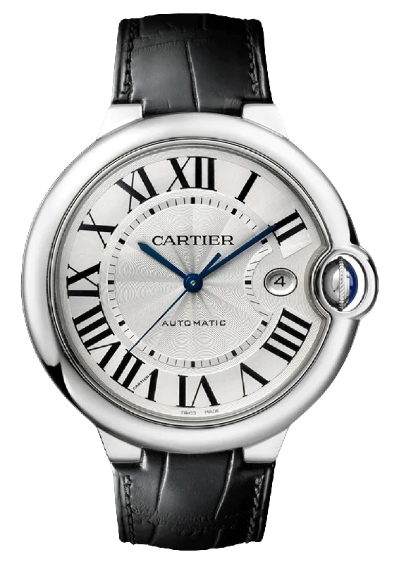 fitness trackers with integrated ECG and stress monitoring features-Cartier Ballon Bleu Automatic Stainless Steel Silver-Tone Dial Black Leather Strap Date Mens Watch W69016Z4