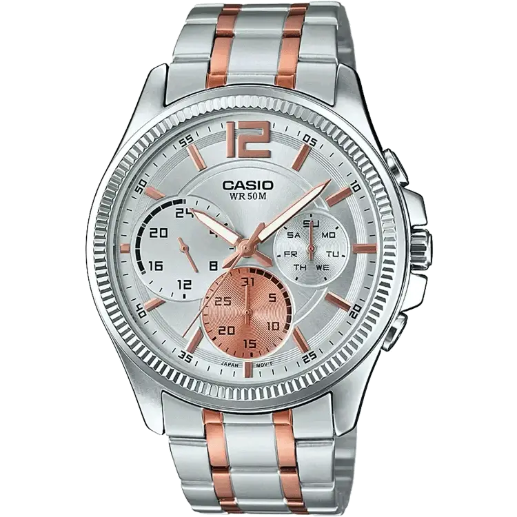 fitness watches for women with built-in GPS and workout tracking-Casio A1077 MTP-E305RG-7AVDF Enticer Men