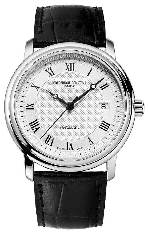 fitness watches for men with advanced workout and health tracking-Frederique Constant Classics Automatic Stainless Steel Silver-Tone Dial Black Leather Strap Date Mens Watch FC-303MC4P6