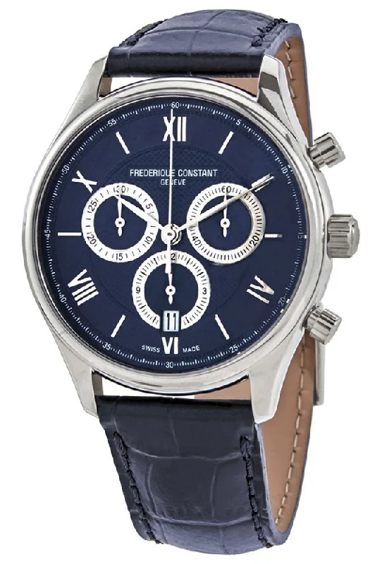 waterproof sport watches for men with compass and altimeter-Frederique Constant Classics Chronograph Stainless Steel Blue Dial Blue Leather Strap Date Quartz Mens Watch FC-292MNS5B6