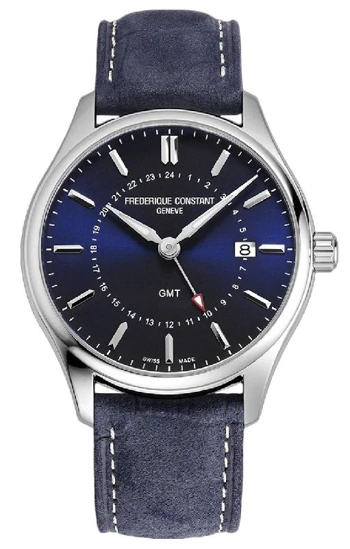 titanium watches for men with lightweight and durable design-Frederique Constant Classics GMT Stainless Steel Blue Dial Blue Leather Strap Date Quartz Mens Watch FC-252NS5B6