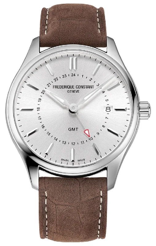 women’s watches with simple design and minimalist face-Frederique Constant Classics GMT Stainless Steel Silver Dial Brown Leather Strap Date Quartz Mens Watch FC-252SS5B6