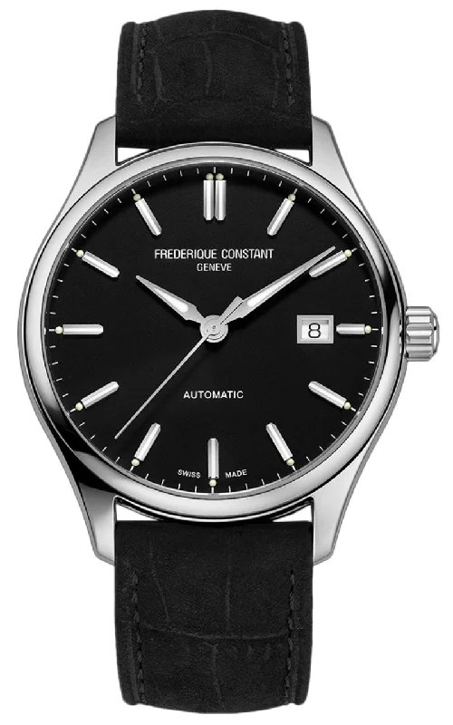 waterproof sports watches for men with GPS tracking-Frederique Constant Classics Index Automatic Stainless Steel Black Dial Black Leather Strap Date Mens Watch FC-303NB5B6