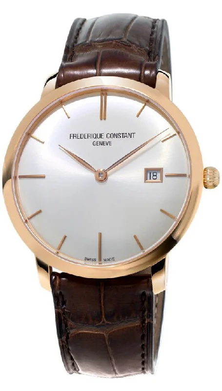 digital watches with alarm and stopwatch for athletes-Frederique Constant Slim Line Automatic 18kt Rose Gold Mens Luxury Strap Watch FC-306V4S9