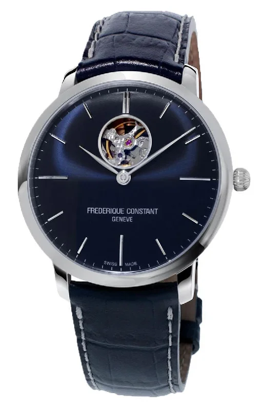 titanium sport watches with built-in GPS and weather app-Frederique Constant Slimline Heart Beat Automatic Blue Dial Blue Leather Strap Mens Watch FC-312N4S6