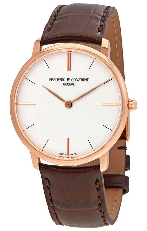 luxury watches for women with stainless steel band and sapphire glass-Frederique Constant Slimline Rose Gold-Tone Stainless Steel Silver Dial Brown Leather Strap Quartz Mens Watch FC-200V5S34