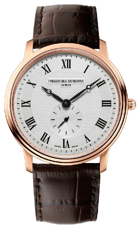 fitness watches with sleep tracking and water resistance-Frederique Constant Slimline Small Seconds Rose Gold-Plated Silver Dial Brown Leather Strap Quartz Mens Watch FC-235M4S4