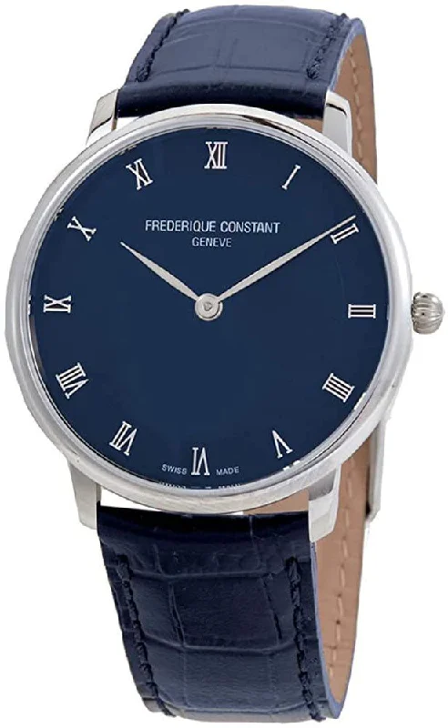 fitness watches for men with calorie counter and pedometer-Frederique Constant Slimline Stainless Steel Mens Strap Watch Navy Dial FC-200RN5S36