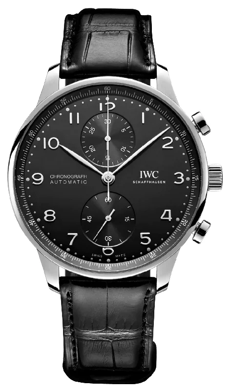 hybrid smartwatches for fitness tracking and stress monitoring-IWC Portugieser Automatic Chronograph Stainless Steel Black Dial Black Leather Strap Mens Watch IW371609