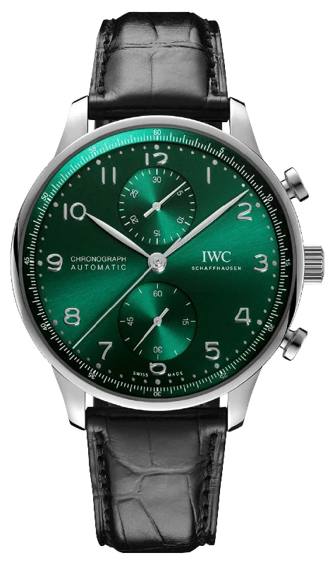 waterproof fitness watches with multi-sport mode and heart rate tracking-IWC Portugieser Automatic Chronograph Stainless Steel Green Dial Black Leather Strap Mens Watch IW371615