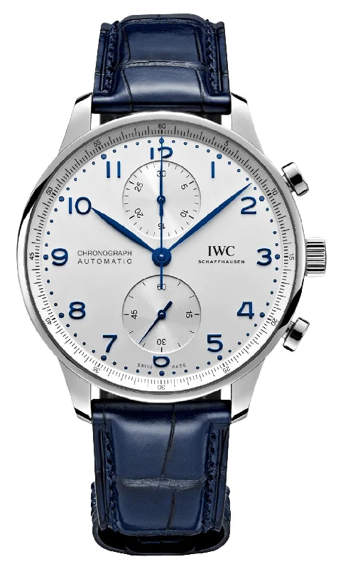 men’s smartwatches with fitness monitoring and activity tracking-IWC Portugieser Automatic Chronograph Stainless Steel Silver-Tone Dial Blue Leather Strap Mens Watch IW371605