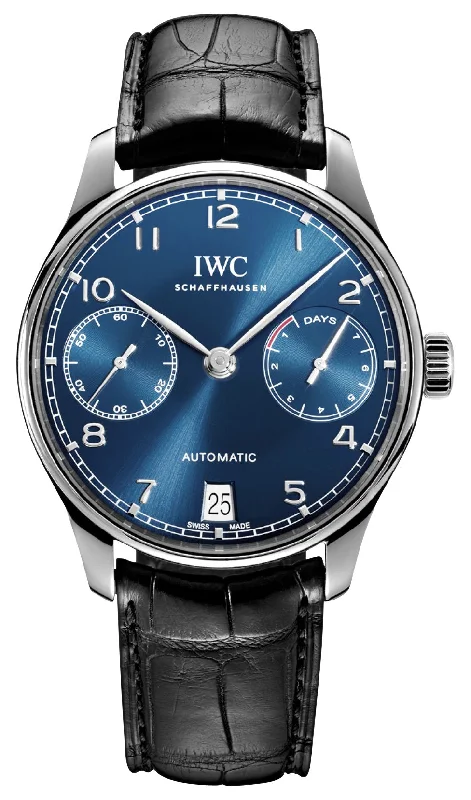 solar-powered watches for men with eco-friendly design and long battery life-IWC Portugieser Automatic Stainless Steel Blue Dial Black Leather Strap Date Mens Watch IW500710