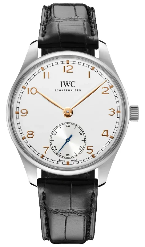 sport watches with built-in fitness apps for running and cycling-IWC Portugieser Automatic Stainless Steel Silver-Tone Dial Black Leather Strap Mens Watch IW358303