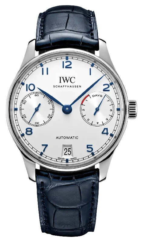 sport watches for men with barometer, altimeter, and GPS tracking-IWC Portugieser Automatic Stainless Steel Silver-Tone Dial Blue Leather Strap Date Mens Watch IW500705