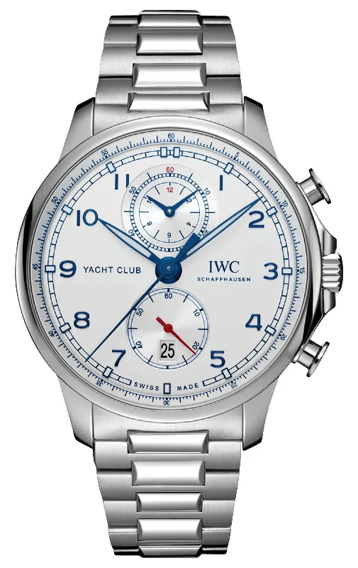 fitness watches for men with calorie counter and exercise modes-IWC Portugieser Yacht Club Automatic Flyback Chronograph Stainless Steel Silver-Tone Dial Date Mens Watch IW390702