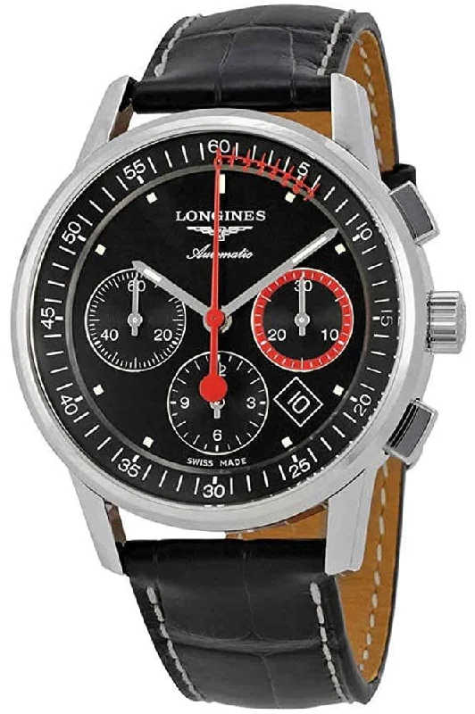 waterproof sport watches with advanced GPS and workout tracking-Longines Heritage Column-Wheel Chronograph Automatic Stainless Steel Black Leather Strap Black Dial Date Mens Watch L4.754.4.52.3