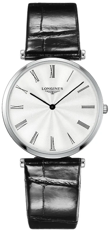 eco-friendly smartwatches with solar charging capabilities-Longines La Grande Classique Midsize 36mm Quartz Silver Dial Black Leather Mens Watch L4.755.4.71.2