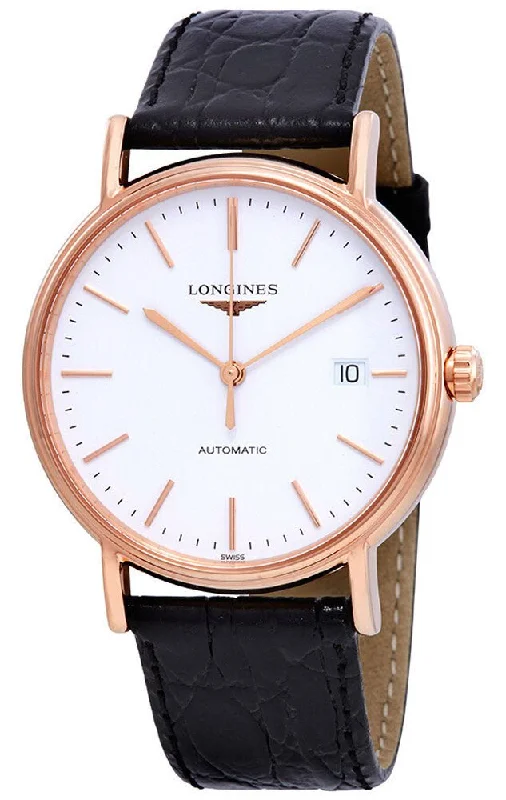 men’s smartwatches with health monitoring and message alerts-Longines Presence Automatic Rose Gold PVD White Dial Black Leather Strap Date Mens Watch L4.921.1.12.2