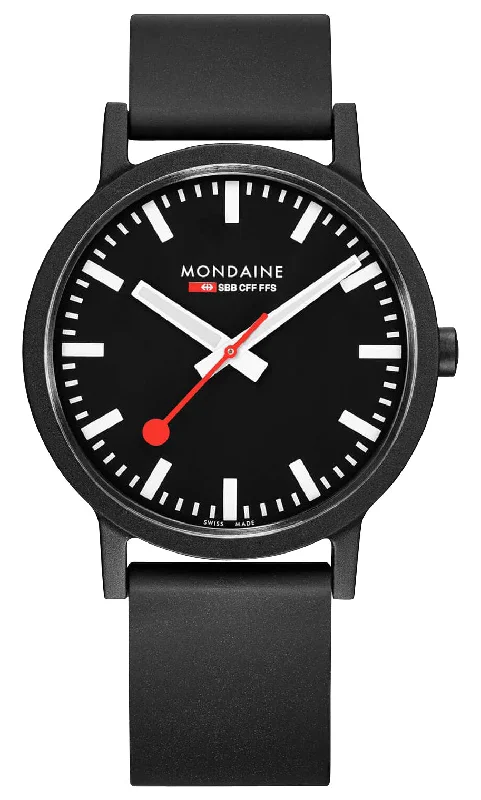 hybrid watches with classic analog design and modern digital features-Mondaine Essence Renewable Material Black Dial Black Rubber Strap Interchangeable Gray Textile Strap Quartz Mens Watch MS1.41120.RB.SET