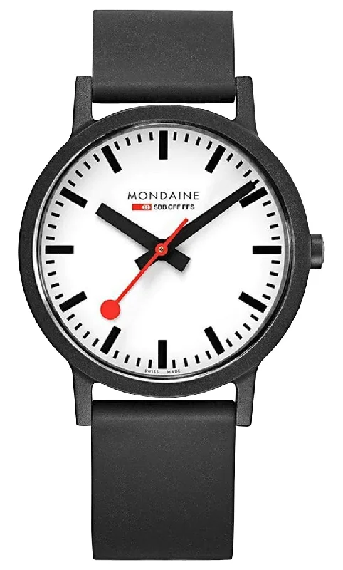 stylish sport watches for men with advanced health features-Mondaine Essence Renewable Material White Dial Black Rubber Strap Quartz Mens Watch MS1.41110.RB