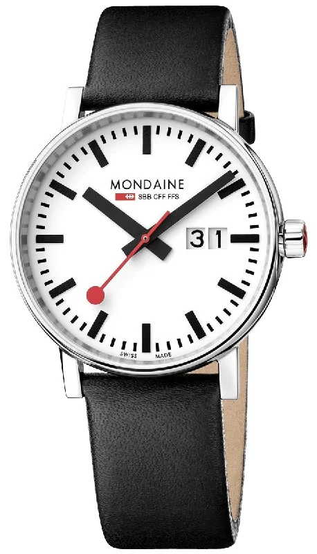 fitness watches for women with body composition analysis and heart rate-Mondaine EVO2 Stainless Steel White Dial Black Leather Strap Date Quartz Mens Watch MSE.40210.LB