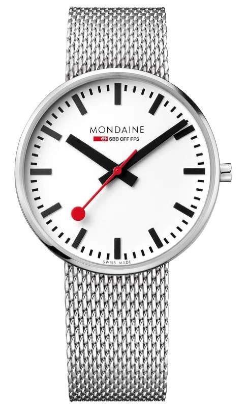 smartwatches with fitness tracking and social media updates-Mondaine Giant Backlight Stainless Steel Mesh White Dial Quartz Mens Watch MSX.4211B.SM