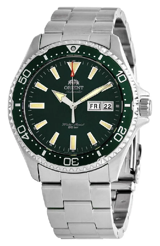 fitness watches with sleep tracking and water resistance-Orient Kamasu Automatic Stainless Steel Green Dial Day/Date Divers Mens Watch RA-AA0004E19A