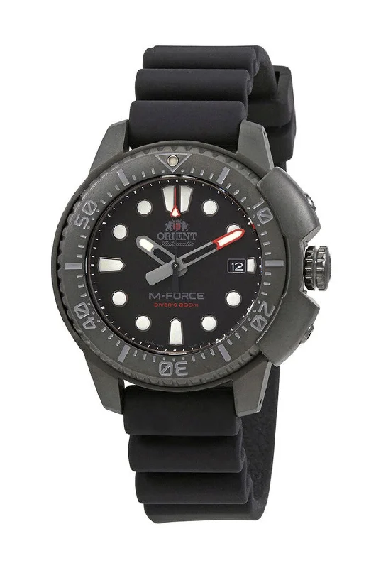 solar-powered watches for men with stylish leather strap-Orient M-Force Automatic Black Steel Rubber Strap Date Divers Mens Watch RA-AC0L03B00B