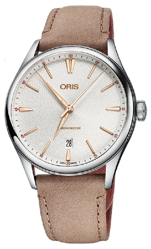 fitness watches with calorie counter and step tracking for fitness goals-Oris Artelier Chronometer Automatic Stainless Steel Beige Leather Strap Silver Dial Date Mens Watch 737 7721 4031-07 5 21 32FC