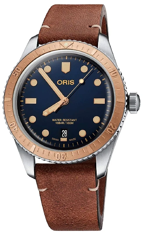 hybrid watches for men with multi-sport modes and GPS tracking-Oris Divers Sixty-Five Automatic Stainless Steel & Bronze Brown Leather Strap Blue Dial Date Mens Watch 733 7707 4355-07 5 20 45