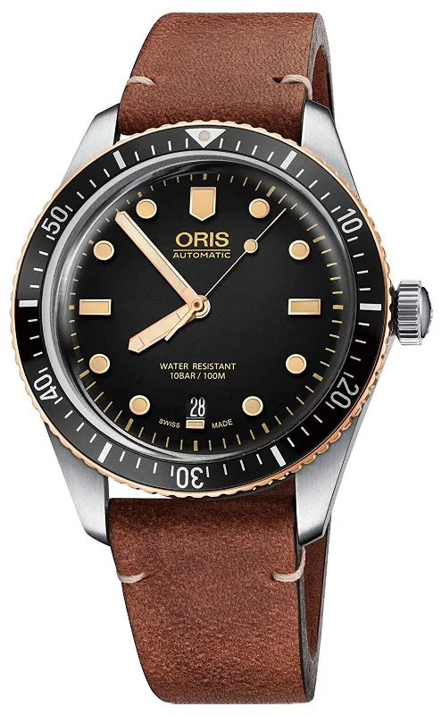 luxury watches with moonphase function and stainless steel case-Oris Divers Sixty-Five Automatic Stainless Steel Brown Leather Strap Black Dial Date Mens Watch 733 7707 4354-07 5 20 45