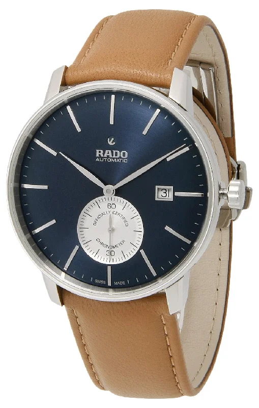 fitness watches for women with body composition analysis and heart rate-Rado Coupole Classic Automatic COSC Stainless Steel Blue Dial Tan Leather Strap Date Mens Watch R22880205