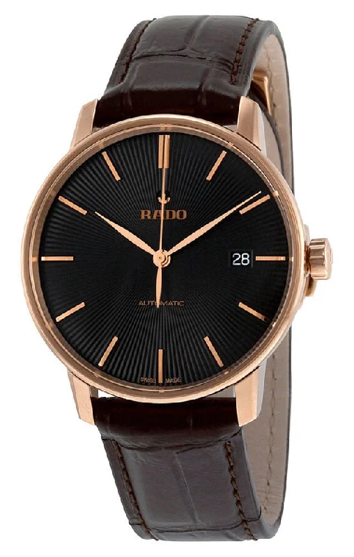 solar-powered watches for outdoor adventures and eco-conscious individuals-Rado Coupole Classic Automatic Rose Gold-Tone Stainless Steel Black Dial Brown Leather Strap Date Mens Watch R22861165