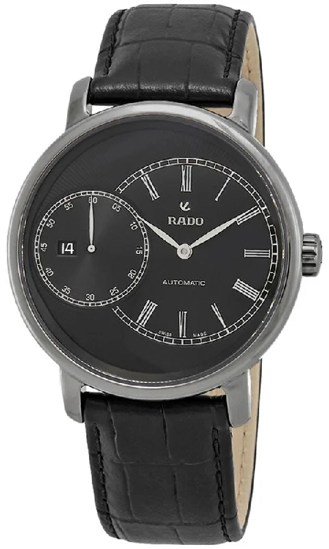 stylish watches for women with ceramic and stainless steel combination-Rado DiaMaster Plasma High-Tech Ceramic Case Black Dial Date Black Leather Strap Automatic Mens Watch R14129176