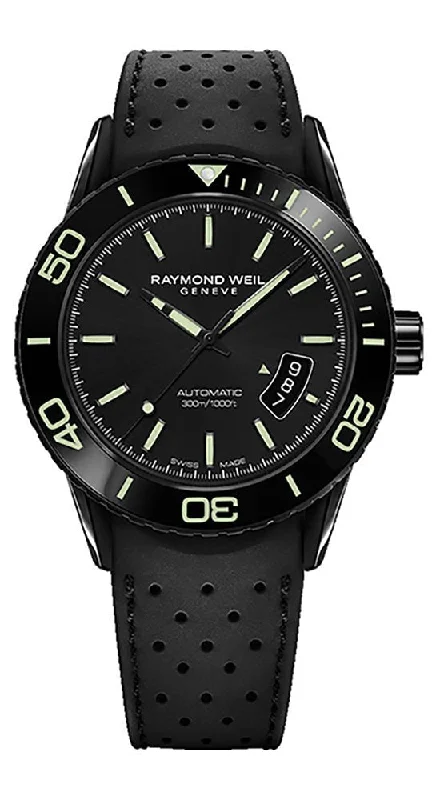 watches for men with leather straps and chronograph display-Raymond Weil Freelancer Automatic Black Steel Mens Rubber Divers Watch Date 2760-SB1-20001