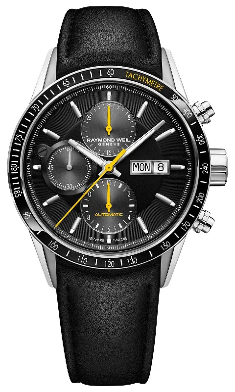 stylish watches for men with minimalist design and digital display-Raymond Weil Freelancer Automatic Chronograph Stainless Steel Black Dial Black Leather Strap Day/Date Mens Watch 7731-SC1-20121