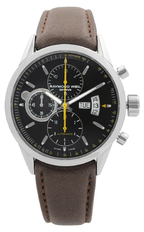 luxury watches with diamond-studded bezel and intricate movement-Raymond Weil Freelancer Automatic Chronograph Stainless Steel Black Dial Brown Leather Strap Day/Date Mens Watch 7730-STC-20021